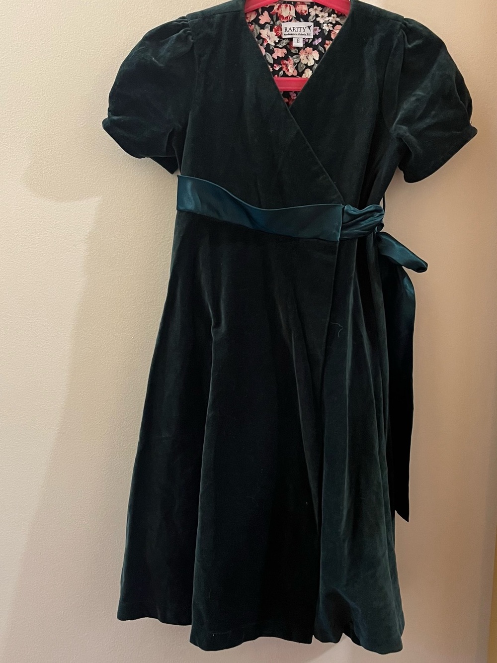 Kids Velvet Wrap Dress in Deep Green